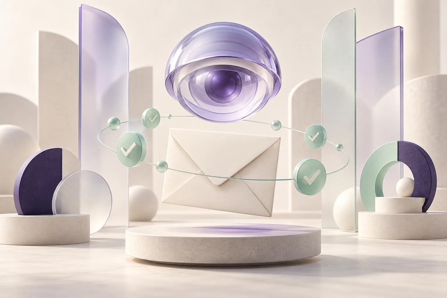 A lavender monitoring lens watches an envelope surrounded by mint verification symbols