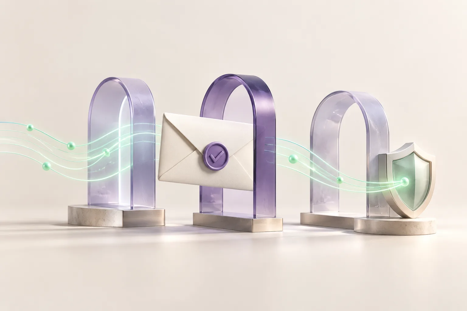 An authenticated envelope passes through three lavender gateways toward a protective shield