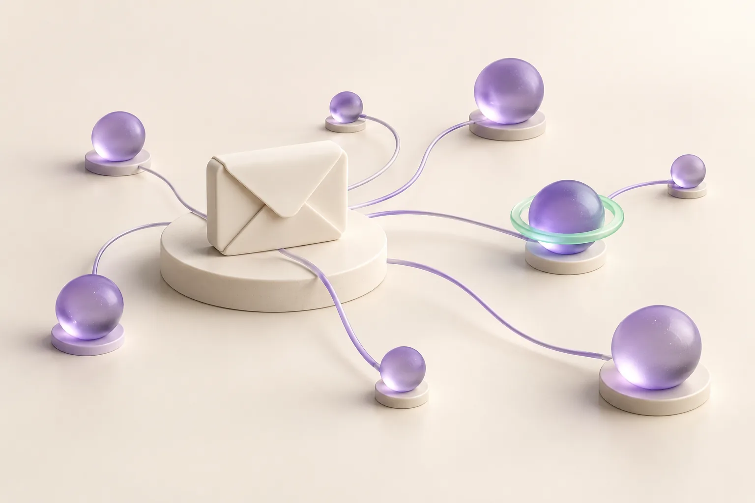 An ivory envelope connects to lavender sending-network nodes, one highlighted by a mint ring